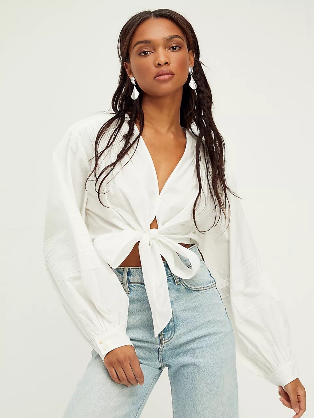 Free People Gigi 
 White Tie-Front V-Neck Blouse Size L